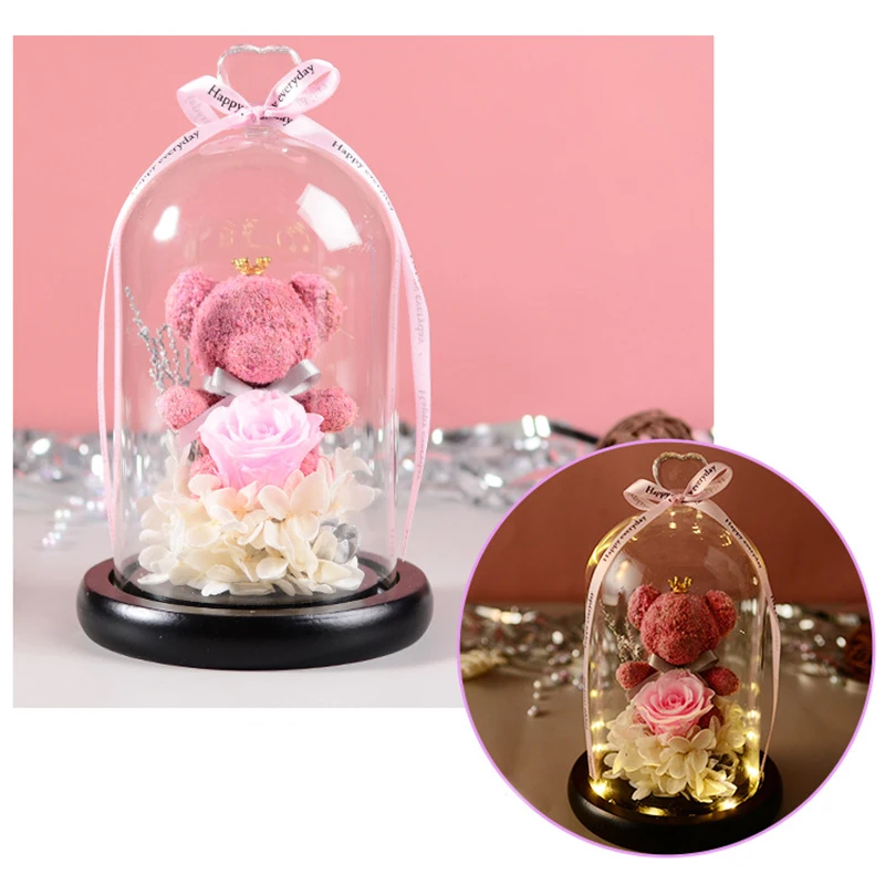 

Bear Rose Flower Glass Cover Led Light Mother's Valentine's Day Gift YE-Hot