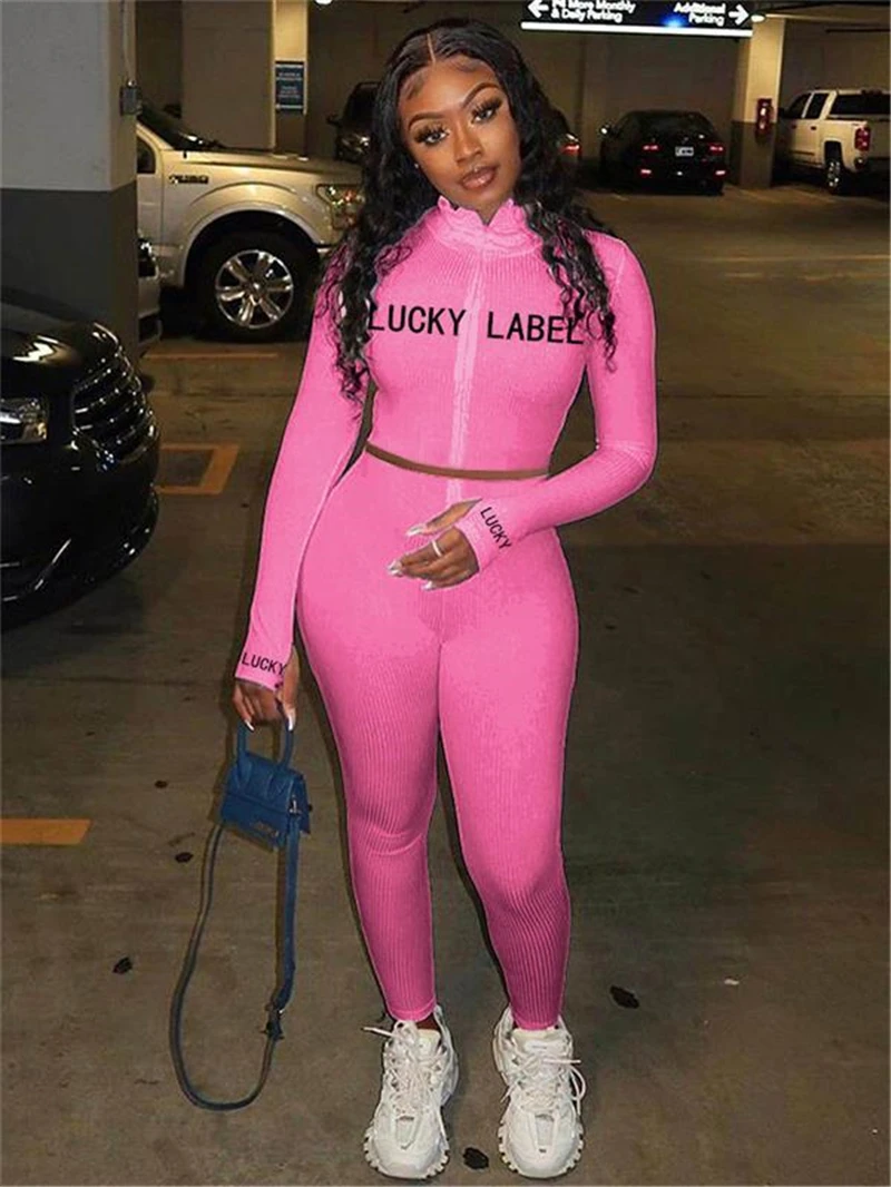 

F.O Lucky Label Embroidery Ribbed Two Piece Set Turtleneck Long Sleeve Crop Top Pencil Pants Tracksuit