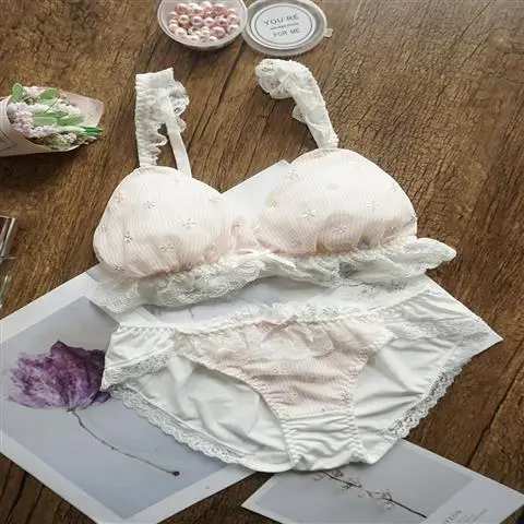 

Japanese Women's Underwear Wire Free Bra and Panty Set Embroidery Intimates Kawaii Bra Lolita Girl Sexy Lingere Panties Set 2020