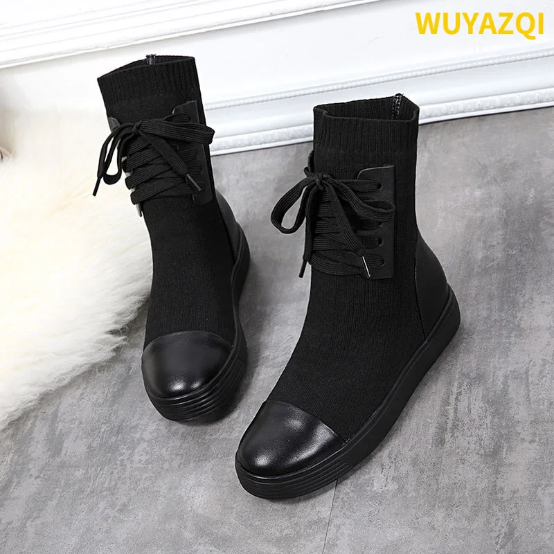 

WUYAZQI Martin boots women's new elastic boots women's flat bottomed British warm short boots casual women's single boots Q8
