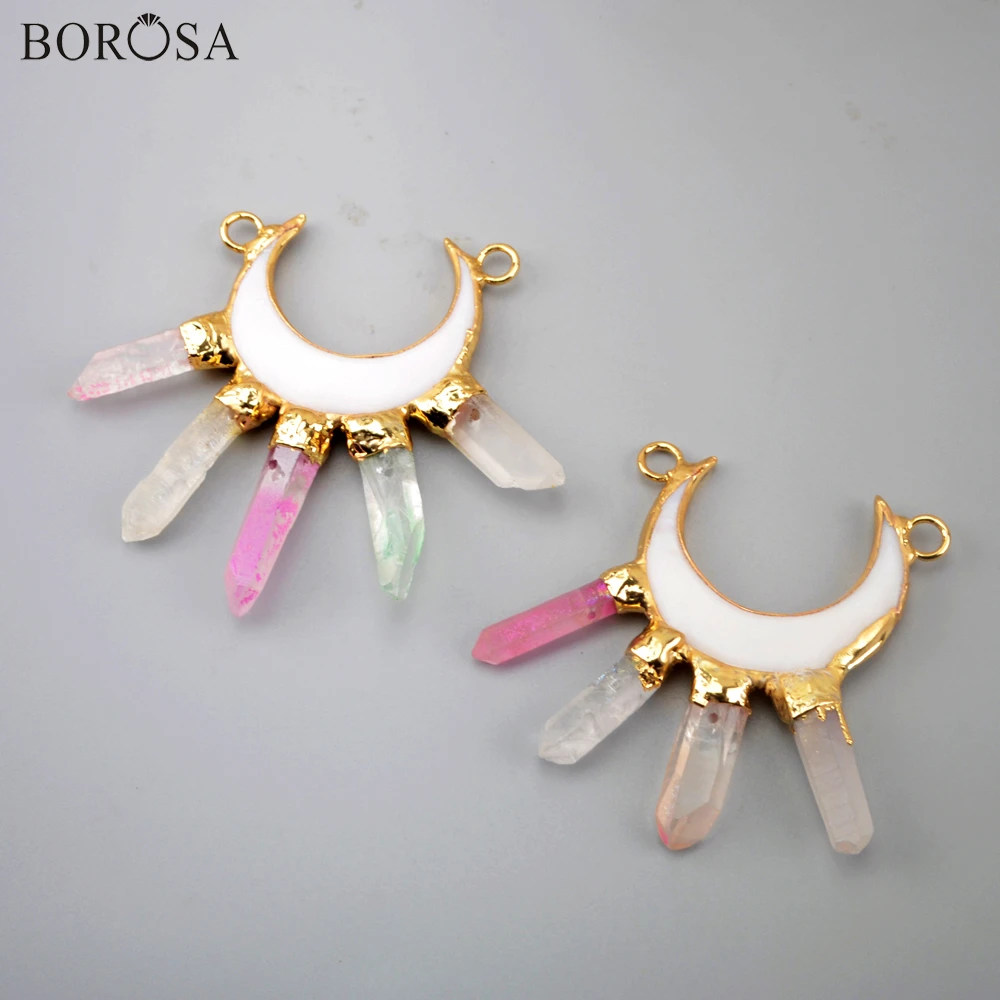 BOROSA двойной рожок белый корпус кулон Золотое покрытие Кристалл кварц точка