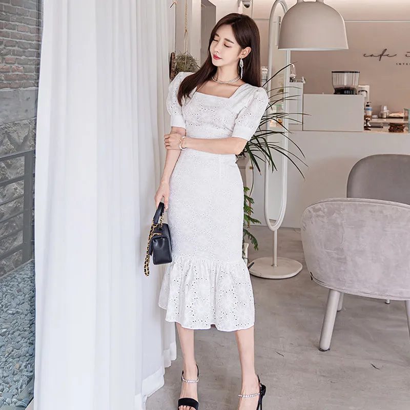 

2 Pieces Sets Bandage Bodycon Puff Sleeve Tops Summer Dress Sexy Party Midi Mermaid Skrits Elegant Womens Dresses Korean Clothes