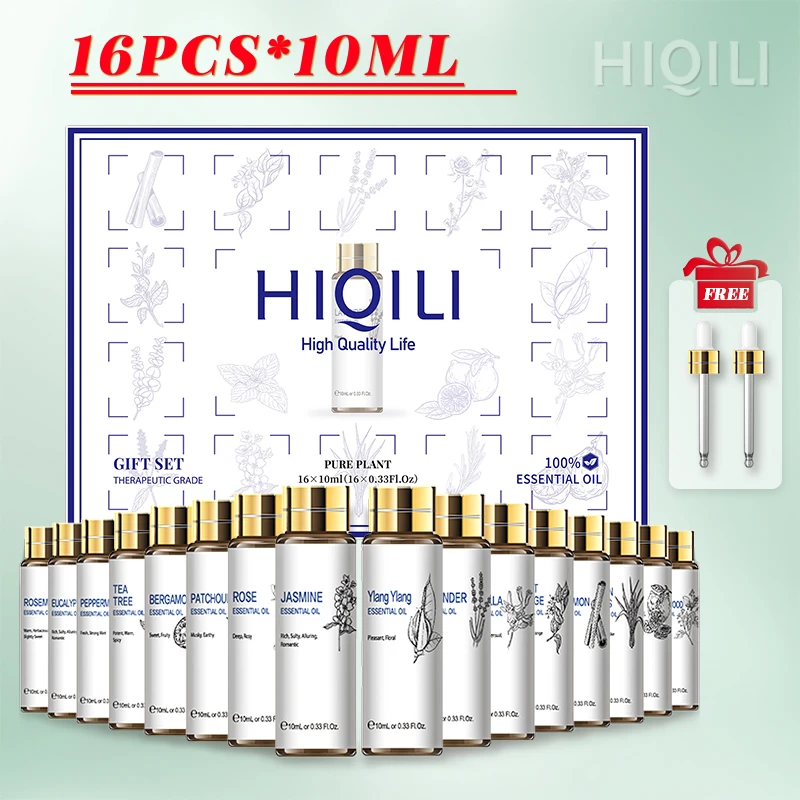 

HIQILI 10ML 16pcs Essential Oils Set Diffuser Aroma Oil Vanilla Lavender Rose Sandalwood Jasmine Peppermint Cinnamon Ylang Oil