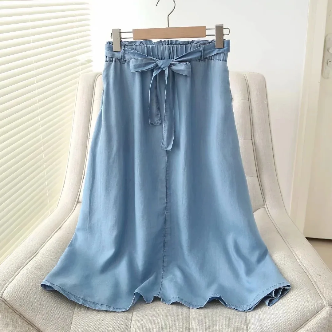 

Spring Summer Chic Tencel Denim Skirts Women Fashion High Waist Elasticity Sashes Bow Elegant Pockets A-line Skirt Female Saias