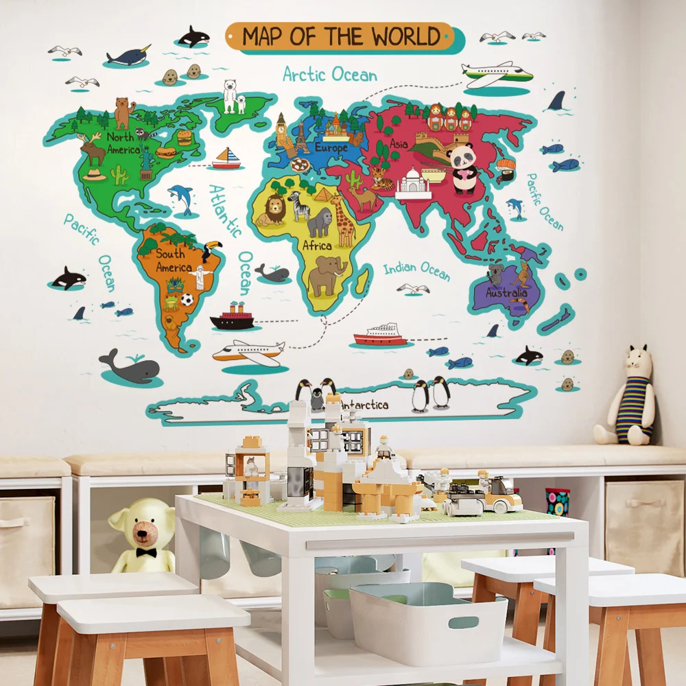 

World map wall stickers for kids rooms bedroom decor mural for kids house home decor wall room stickers for decoration