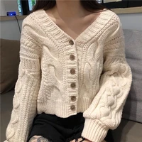 short cardigan sweater women ins retro loose v neck button knitted cardigan spring and autumn french lazy style solid color tops