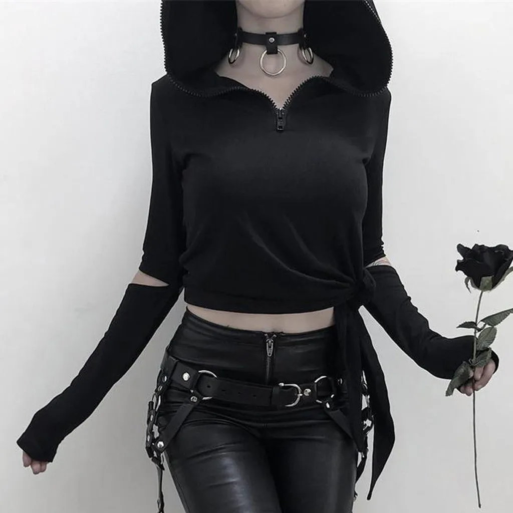 Короткий Свитшот женский готический панк черный ретро длинный рукав толстовка с