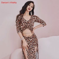 belly dance dress leopard print v neck long skirt practice clothes female adult oriental dancewear elegant performance clothing