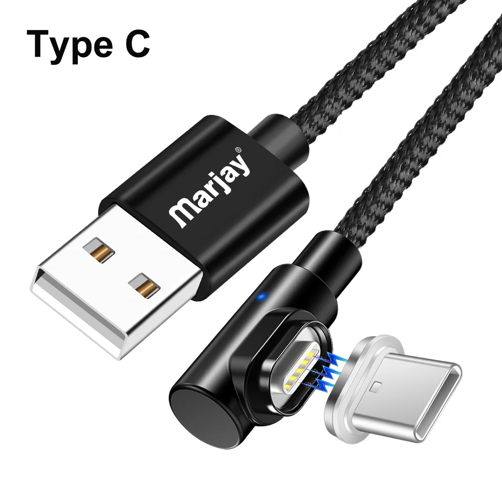 Магнитный кабель Marjay, 90 градусов, Тип C, Micro USB C, быстрая зарядка, Microusb type-C, магнитное зарядное устройство, usb c, зарядный Шнур для iphone 7, 6 - Цвет: Black Type C Cable