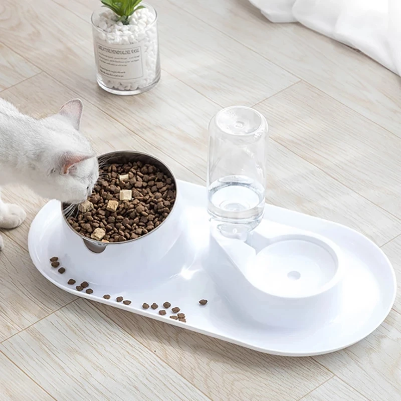 

Pet Cat Dog Bowl Automatic Feeder Kitten Double Bowls Non-slip Detachable Stainless Steel Bowl Tilts Protect the Cervical Spine