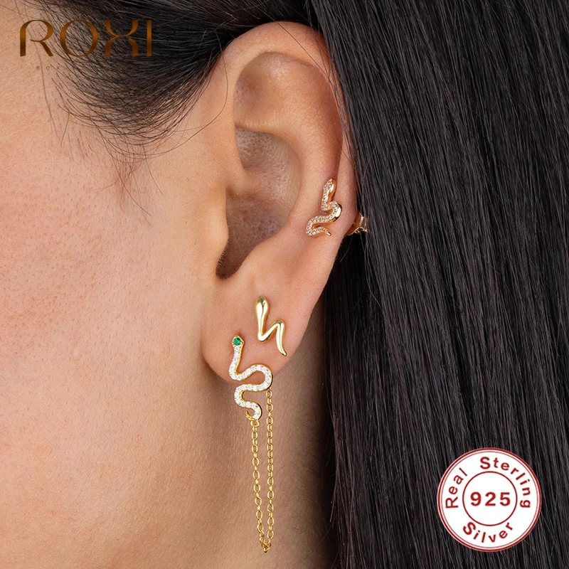 Серьги-гвоздики с подвеской в виде змеи серебро 925 пробы | Украшения и аксессуары