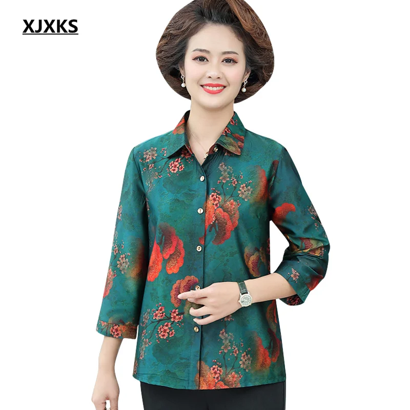 

Модная женская блузка XJXKS с отложным воротником и рукавом три четверти, новинка сезона весна-осень 2021, блузка с принтом, Женская однобортная рубашка