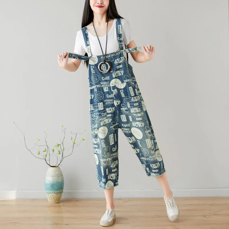 

#0340 Summer Vintage Denim Overall Women Adjustable Strap Retro Wide Leg Jumpsuits Full Letters Printed Loose Streetwear Rompers