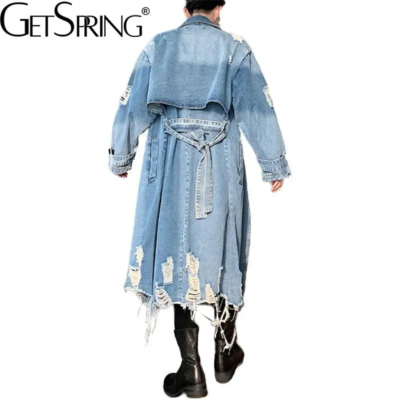 GetSpring женский тренчкот Дамский джинсовый с дырками на шнуровке нестандартный