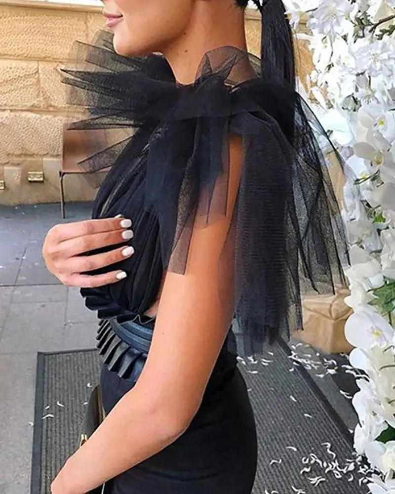 

Women PU Jumpsuit Sexy Deep V Neck Pleated Mesh Insert Backless Sleeveless Jumpsuits