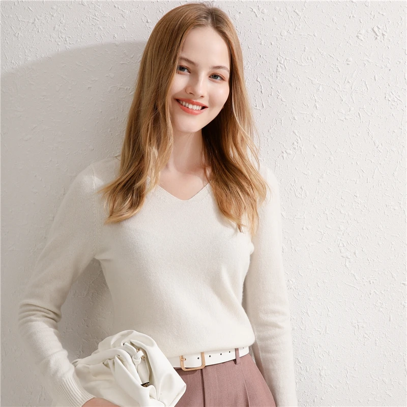 

LHZSYY 2020 Autumn Winter New Knit Pure Wool Sweater All-Match V-Neck Cashmere Women' Long-Sleeved Top Pullover Loose Base Shirt