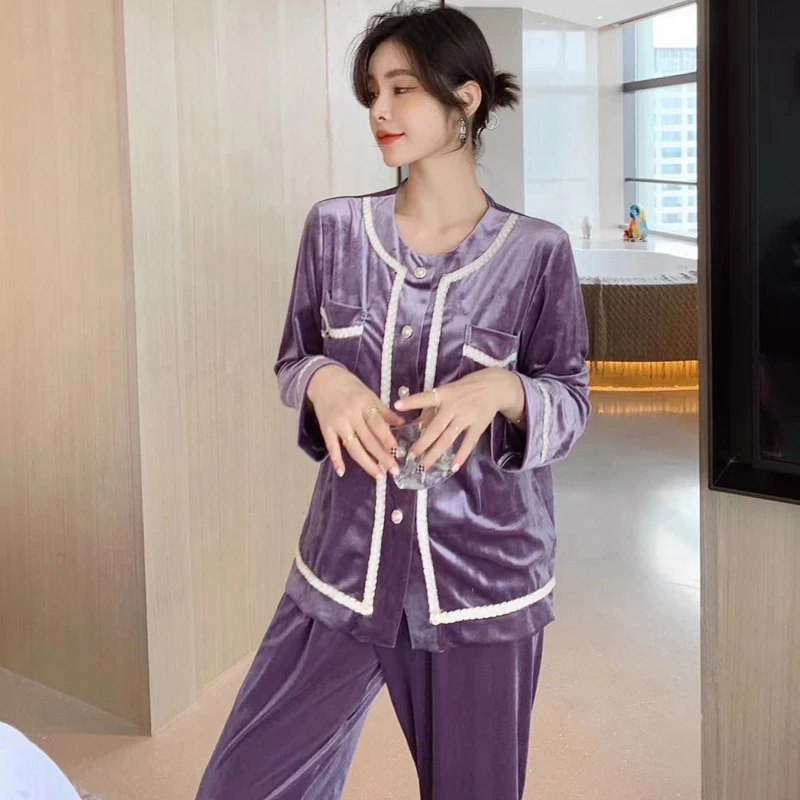 

2Pieces Autumn Winter New Full Sleeve Trousers Velvet Keep Warm Thick Design Home Service Pajamas Sets Outwear Night Suits
