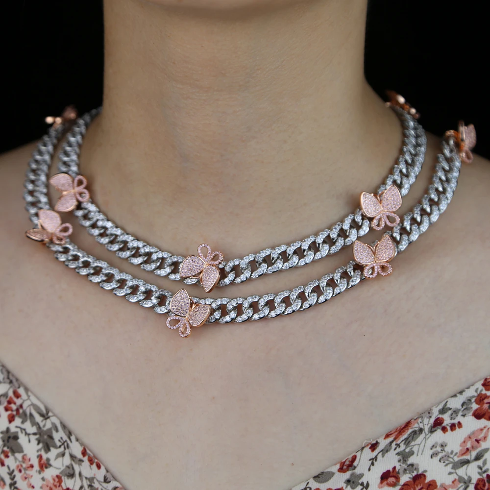 Женская цепочка Майами из кубинской цепи ожерелье с бабочкой розового золота