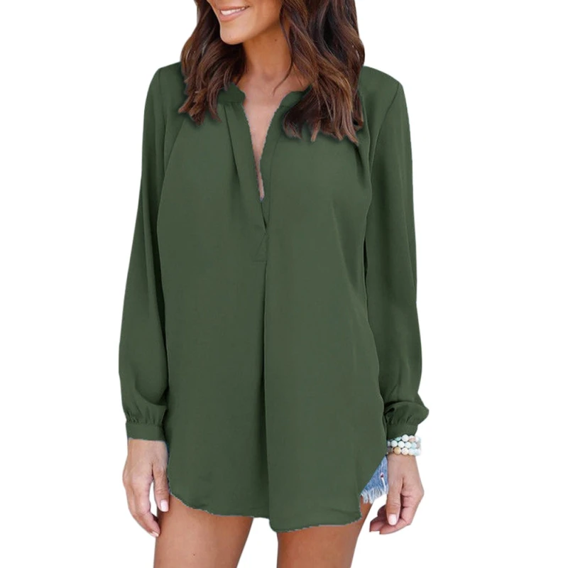 

Plus Size Women Chiffon Blouse Long Lantern Sleeve Loose Blouse Female Solid Shirt