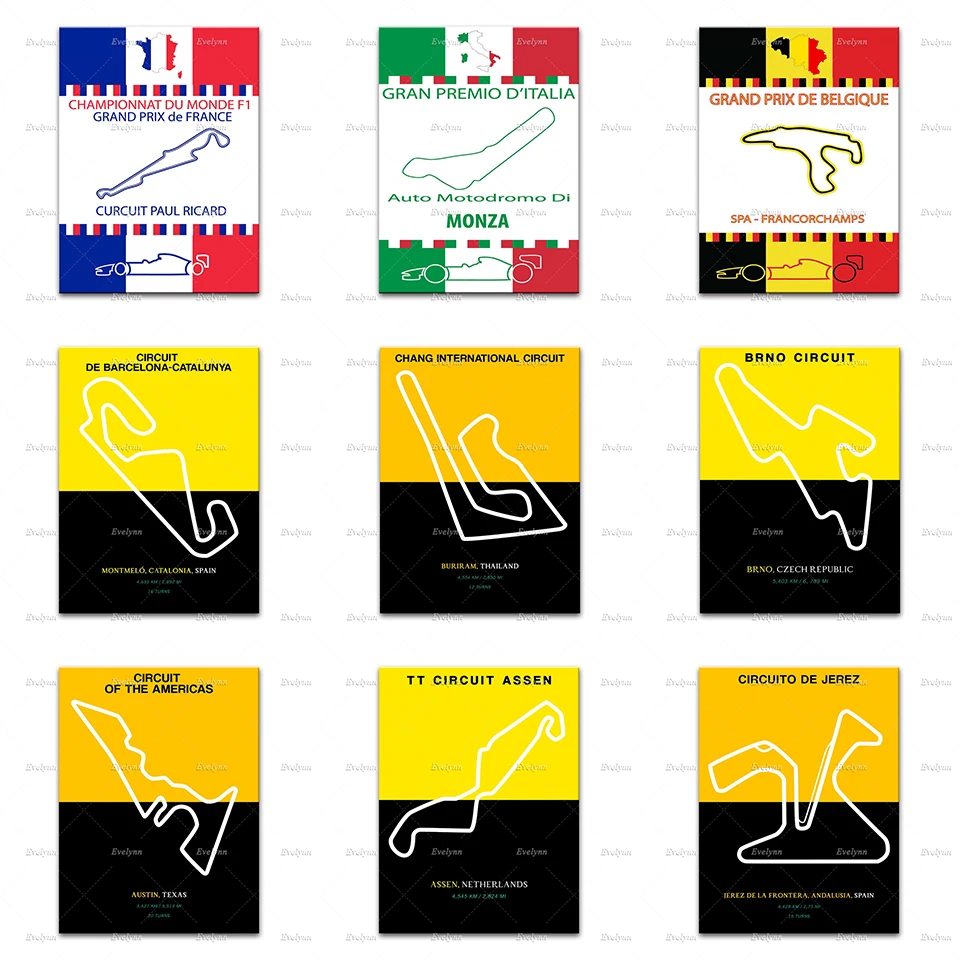 

French Le Mans Track F1 Race Car Circuit Poster Prints Circuit of the Americas,Brno Circuit Wall Art Canvas Pictures Home Decor
