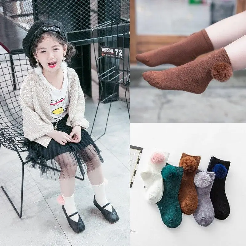 

5 Pairs Girls Fur Ball Socks Kids Long Tube Pompoms Socks Children Breathable Soft Cotton Socks