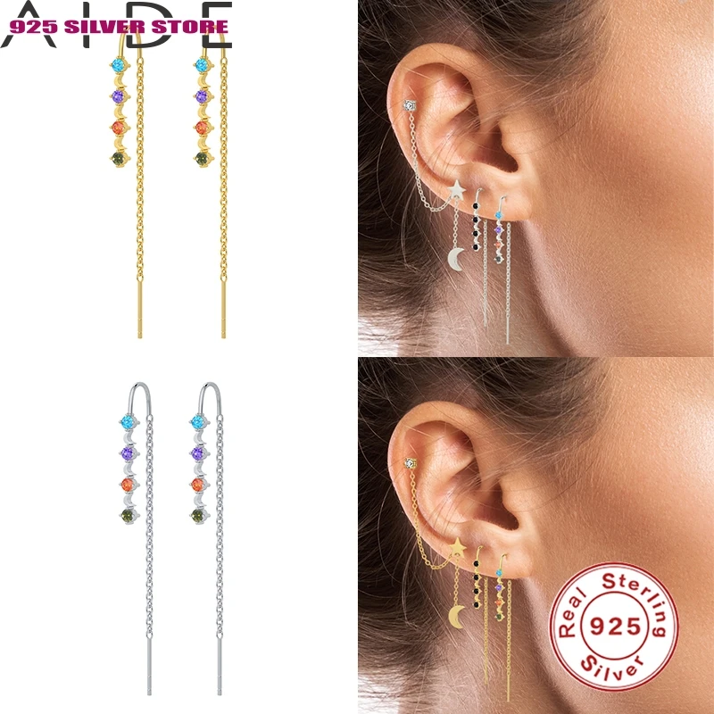 

Aide 925 Sterling Silver Stud Earrings With Charm Line Tassel Rainbow Crystal Earrings Jewelry For Women Pendientes Mujer