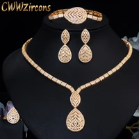 cwwzircons luxury big water drop women party earring bracelet ring necklace 4pcs sets african gold wedding costume jewelry t424