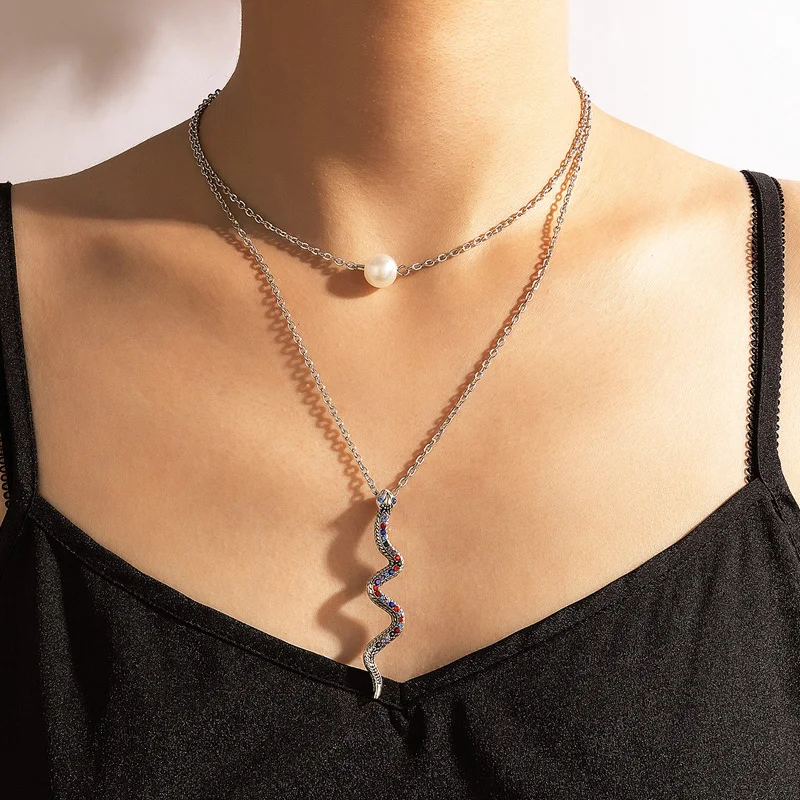 

Tocona Charms Colorful Crystal Snake Necklace for Women Double Layer Pearl Silver Color Link Choker Necklace Jewelry Party 18093