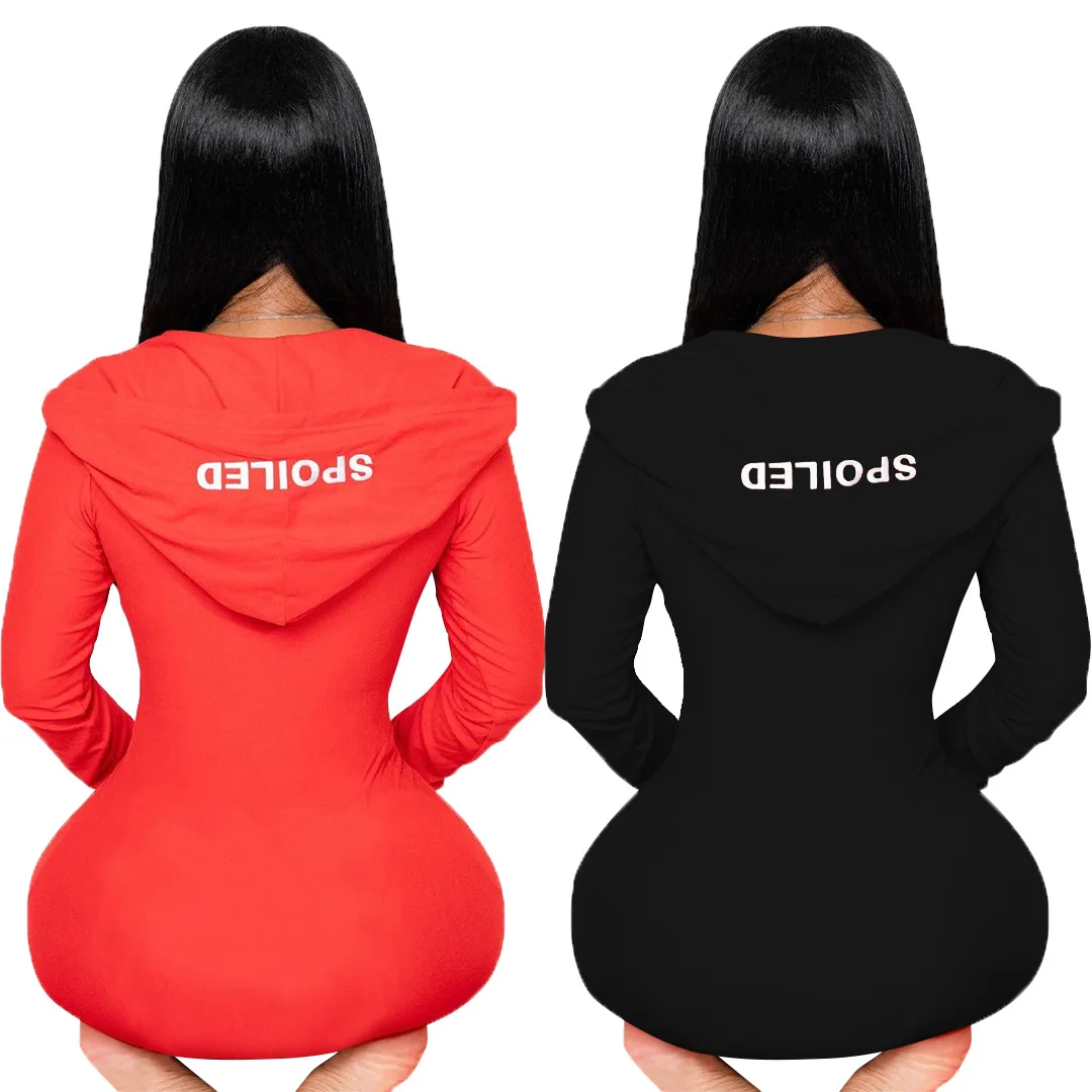 2021 Spring Women's Jumpsuit Hooded Letter Embroidery Solid Color Deep V Sexy Jumpsuit One Piece Outfit Women Club Outfits