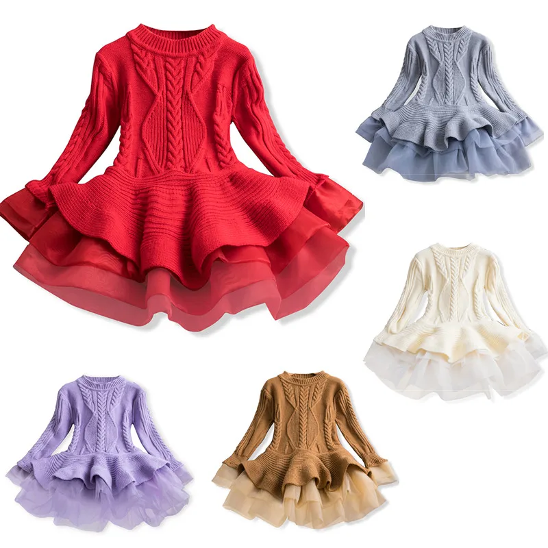 Вязаное красное рождественское платье с длинными рукавами для маленьких девочек