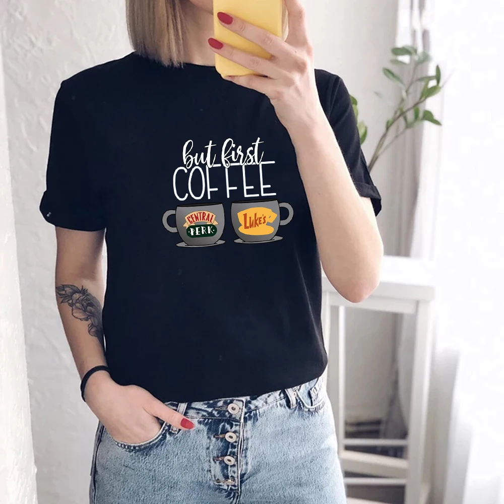 

Женская футболка с коротким рукавом и принтом But First Coffee
