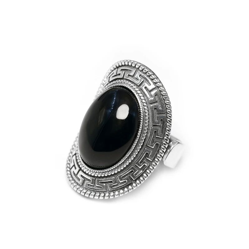 

Mengke Silver Jewelry Men's Saddle Ring Sterling Silver Inlaid Black Agate Silver Ring Ethnic Style Domineering Retro for Boyfri