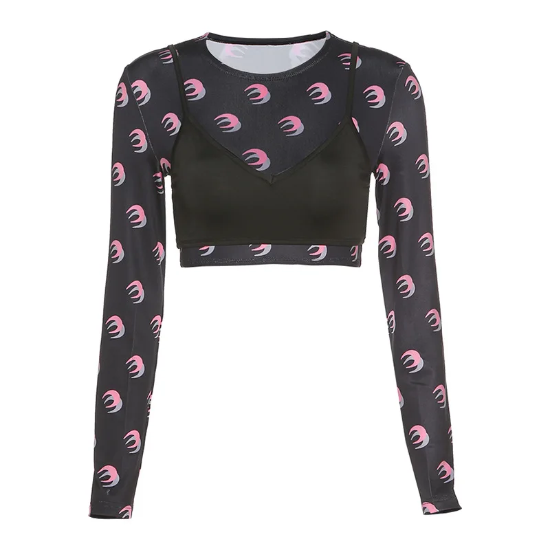 

Shestyle Mesh Moon Print Two Piece T Shirt Women 2020 Women Autumn Crop Tops Long Sleeve Printed Tees Patchwork Best Selling
