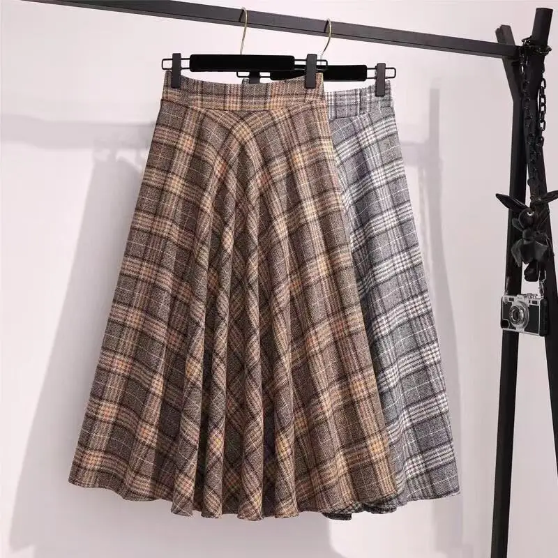 

Autumn Winter New Woman High Waist Skirt Female A-line Mid-Long Vintage Casual Plaid Skirt Ladies Fashion Warm Bottom Skirts A11