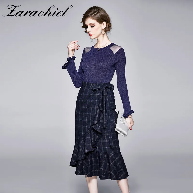 Женский комплект из 2 предметов Модный Блестящий вязаный пуловер с расклешенными