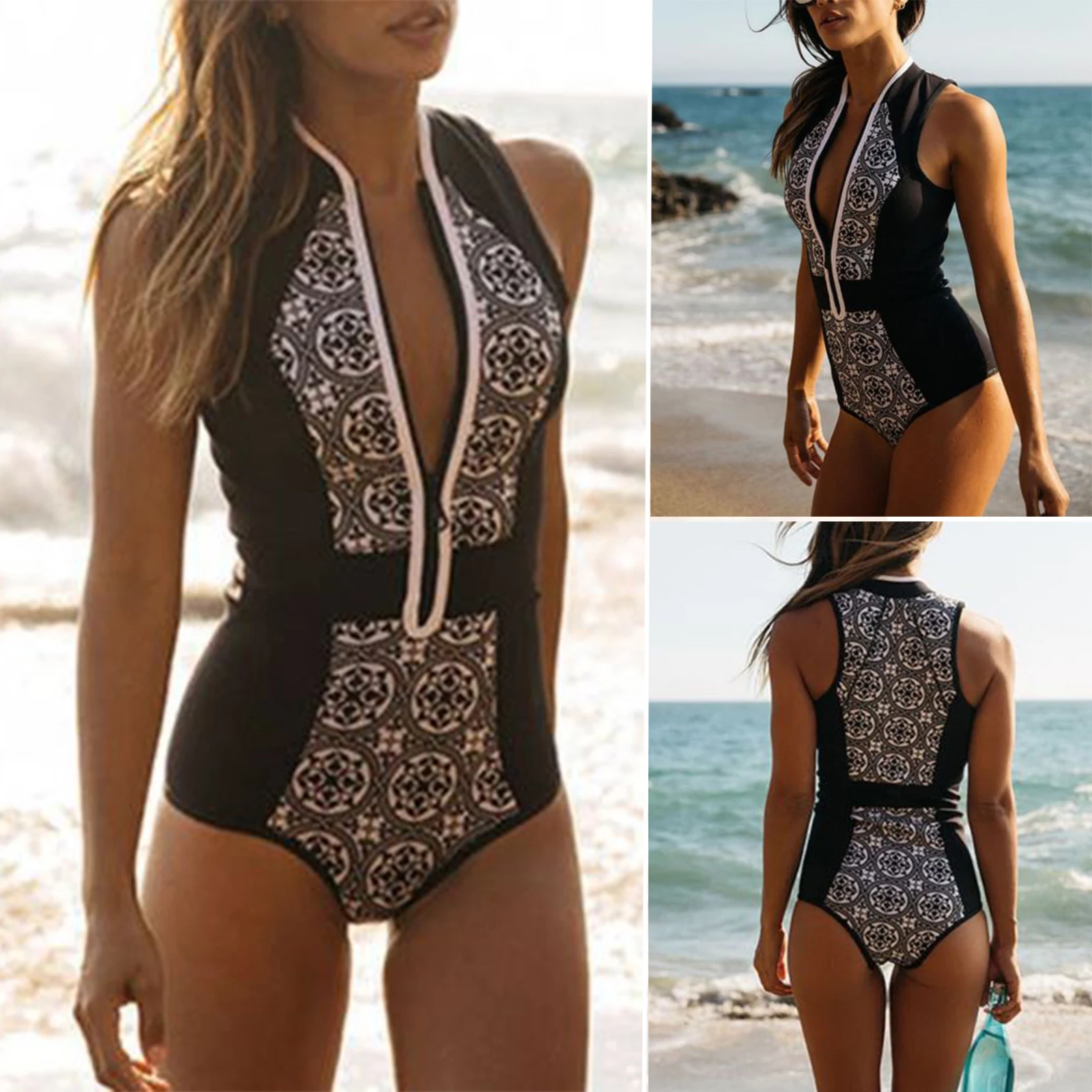 

Vintage One Piece New Sexy Swimwear Vintage Printed Zipper Women Swimsuit Female Bathing Suit Boho Floral Monokini Swim Wear XL