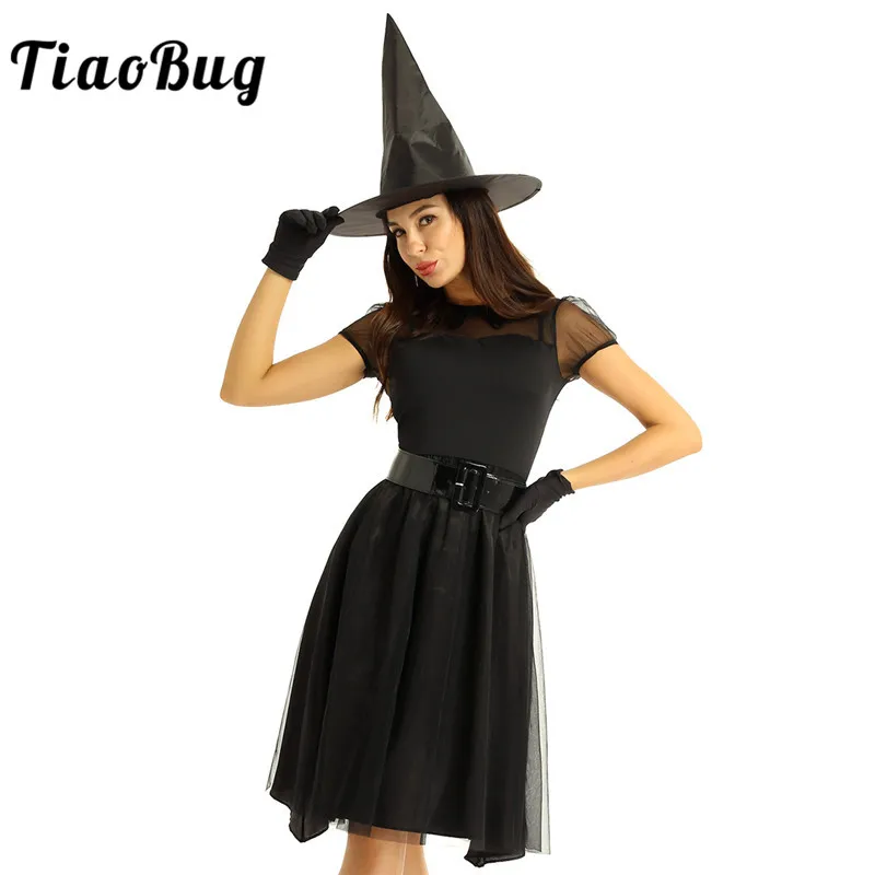 

TiaoBug/женское платье на Хэллоуин с поясом, остроконечная шляпа, перчатки, набор черных костюмов, карнавальный костюм для взрослых, вечерние к...
