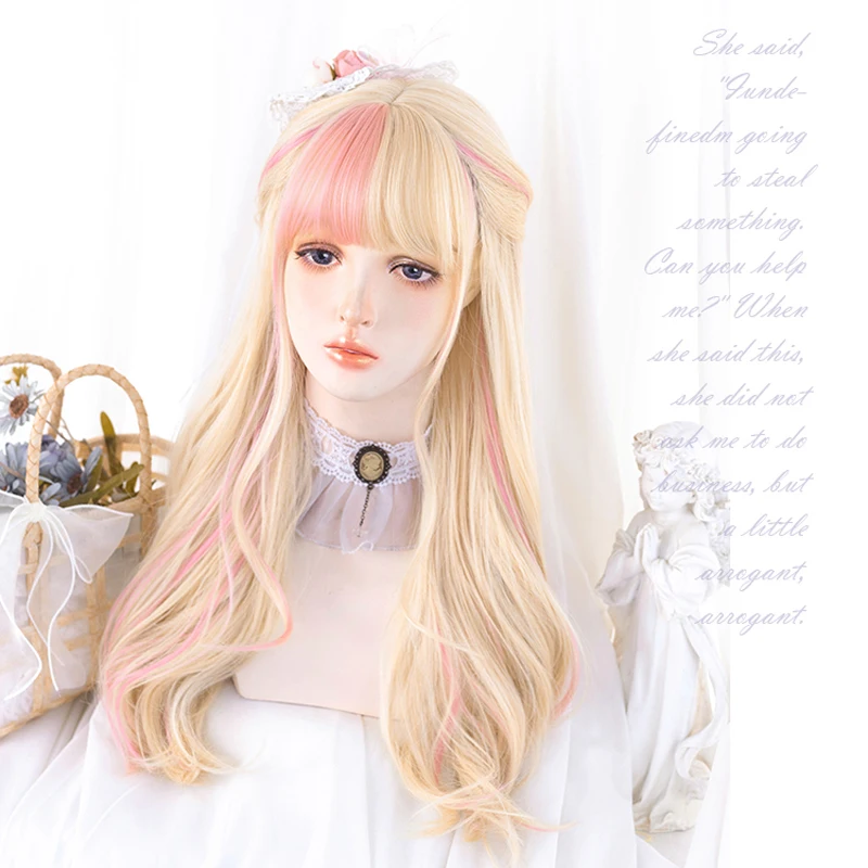

Blonde Highlight Pink Lolita Wig Harajuku Princess Wavy Curly Long Synthetic Hair Gold Bangs Sweet Girls Youtuber Daily Wear 518