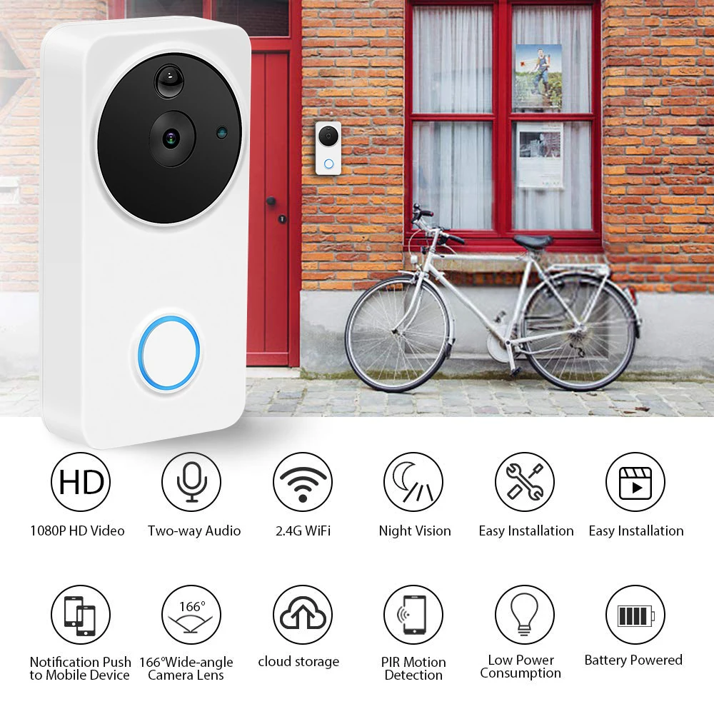 

Smart Wifi Doorbell Wireless Video Intercom 720P Camera Night Vision Pir Motion Sensor tuya smart life App Battery not include