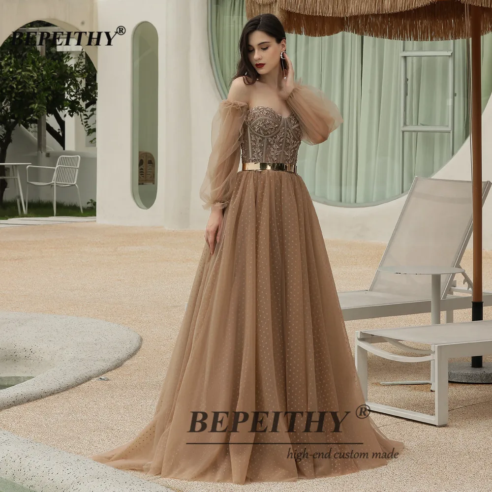 

BEPEITHY Sweetheart Long Evening Dress Detachable Train 2021 For Women A-Line Dots Tulle Vintage Formal Gown With Sash Prom