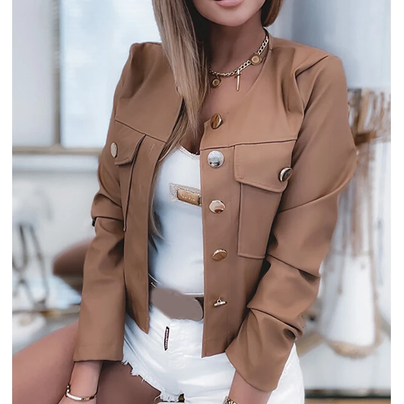 

Wepbel Short Jackets Outwear Leathers Coat Black Khaki Casual Jacket Faux Leather Coat Long Sleeve O-neck Fashion PU Jackets