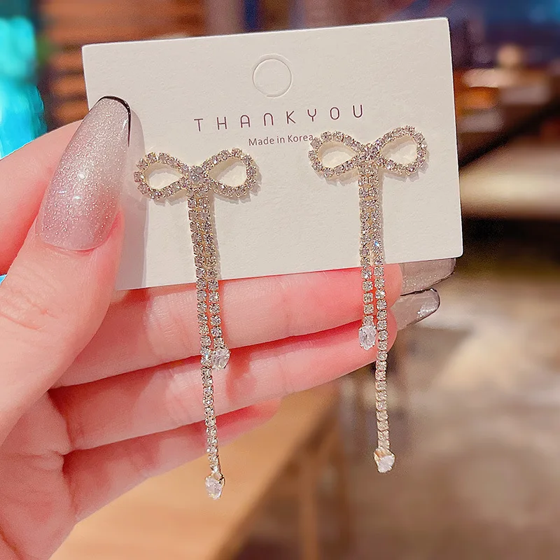 

Wholesale Sterling Silvers Needle Bow Long Earrings Women's Stone Dropshipping