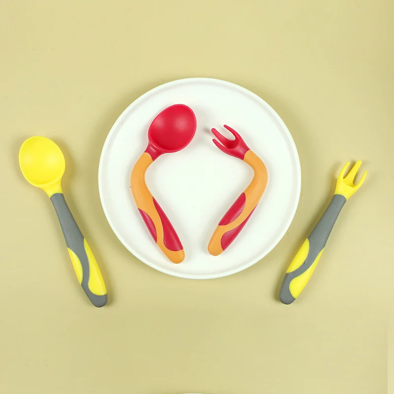 Vajilla de entrenamiento para ni&ntilde;os, tenedor suave Flexible, cuchara de silicona, juego de utensilios para beb&eacute;, comida auxiliar, 2 uds.-3