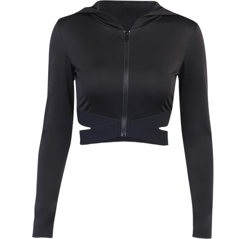 

Instunning Black Hooded Hoodies Women Streetwear Zipper Bandage Slim Bodycon Crop Tops Casual Streetwear Hoodies Autumn Gothic