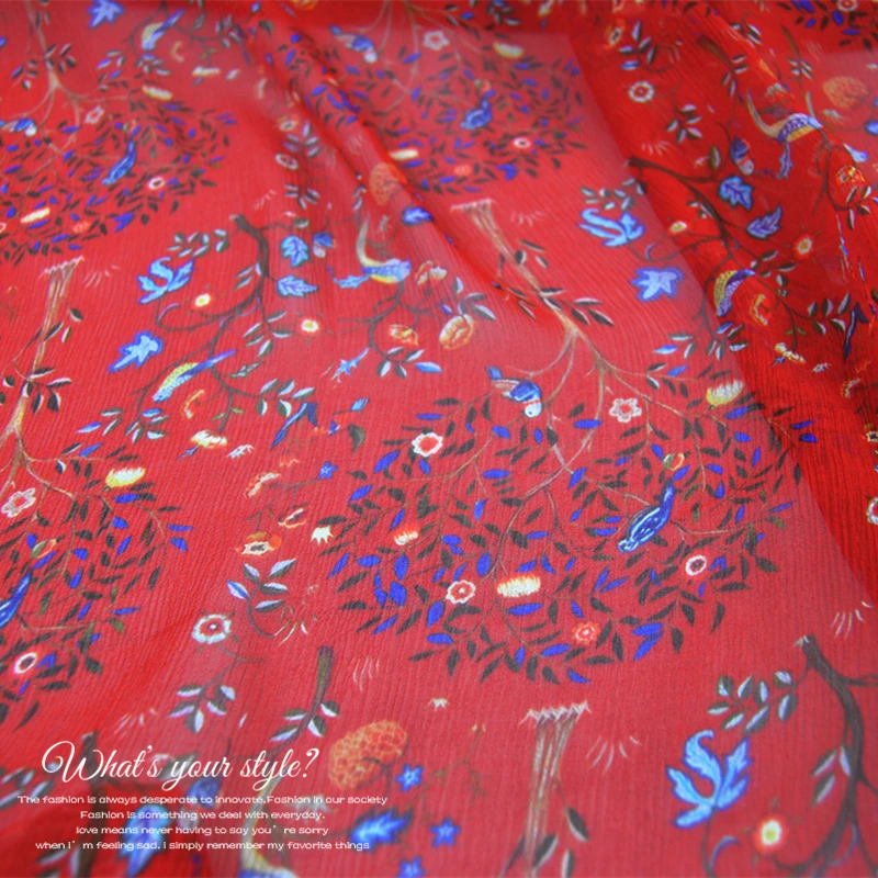 

Silk Georgette Chiffon Fabric Dress Red Flower Lightweight Skirt Shirt DIY Patchwork Tissue