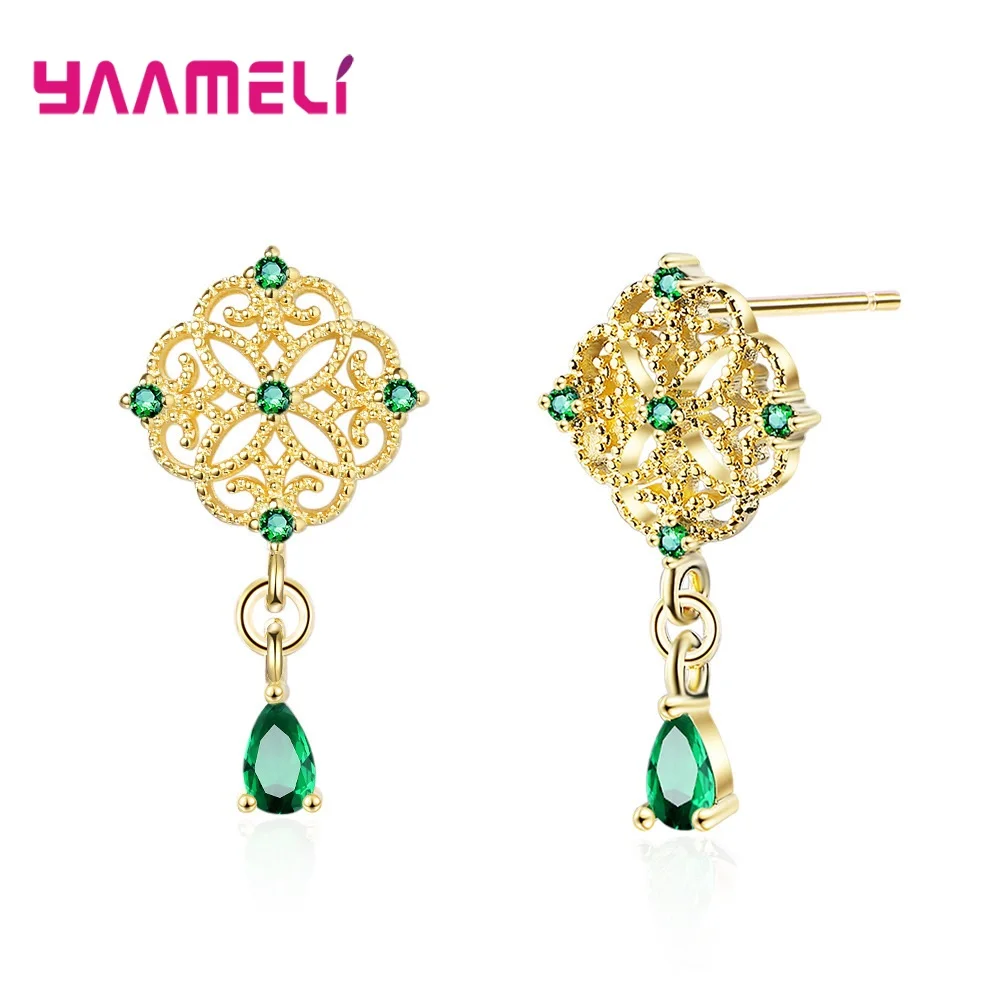 

Retro Palace Water Drop Rhinestones Female Earrings 925 Sterling Silver Hollow Out Flower Long Ear Brincos Pendientes