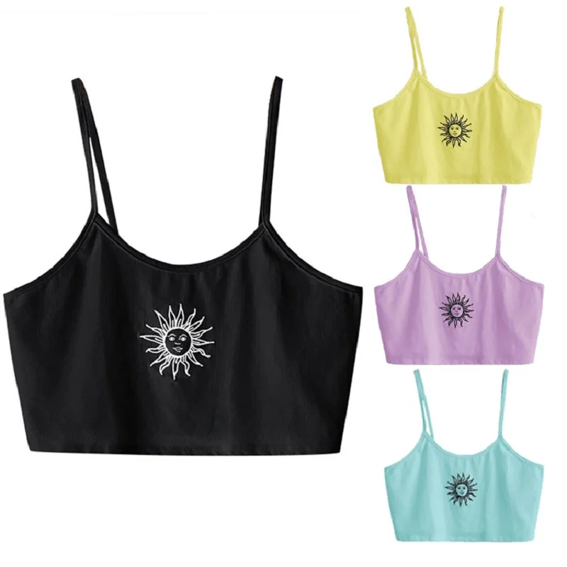 

Hot Sale Sunflower Print Crop Tops Women 2021 Purple Spaghetti Strap Round Neck Sleeveless Knit Short Black Tank Top Clothes