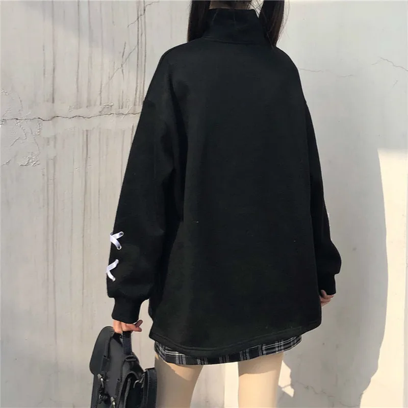 

KOSAHIKI Fleece Harajuku Turtleneck Tops Spring Loose Women Pullover Cartoon Print Streetwear Hoodie Casual Japanese Sweatshirt