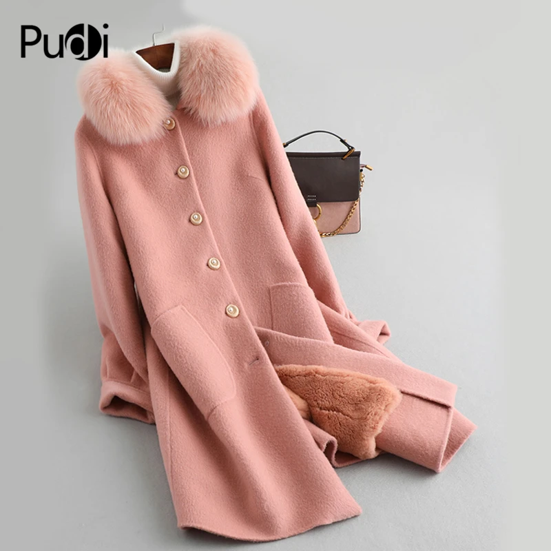 

Женское пальто PUDI A59770 из натуральной шерсти с меховой подкладкой, Женская куртка с воротником из лисьего меха, женская меховая парка, Тренч