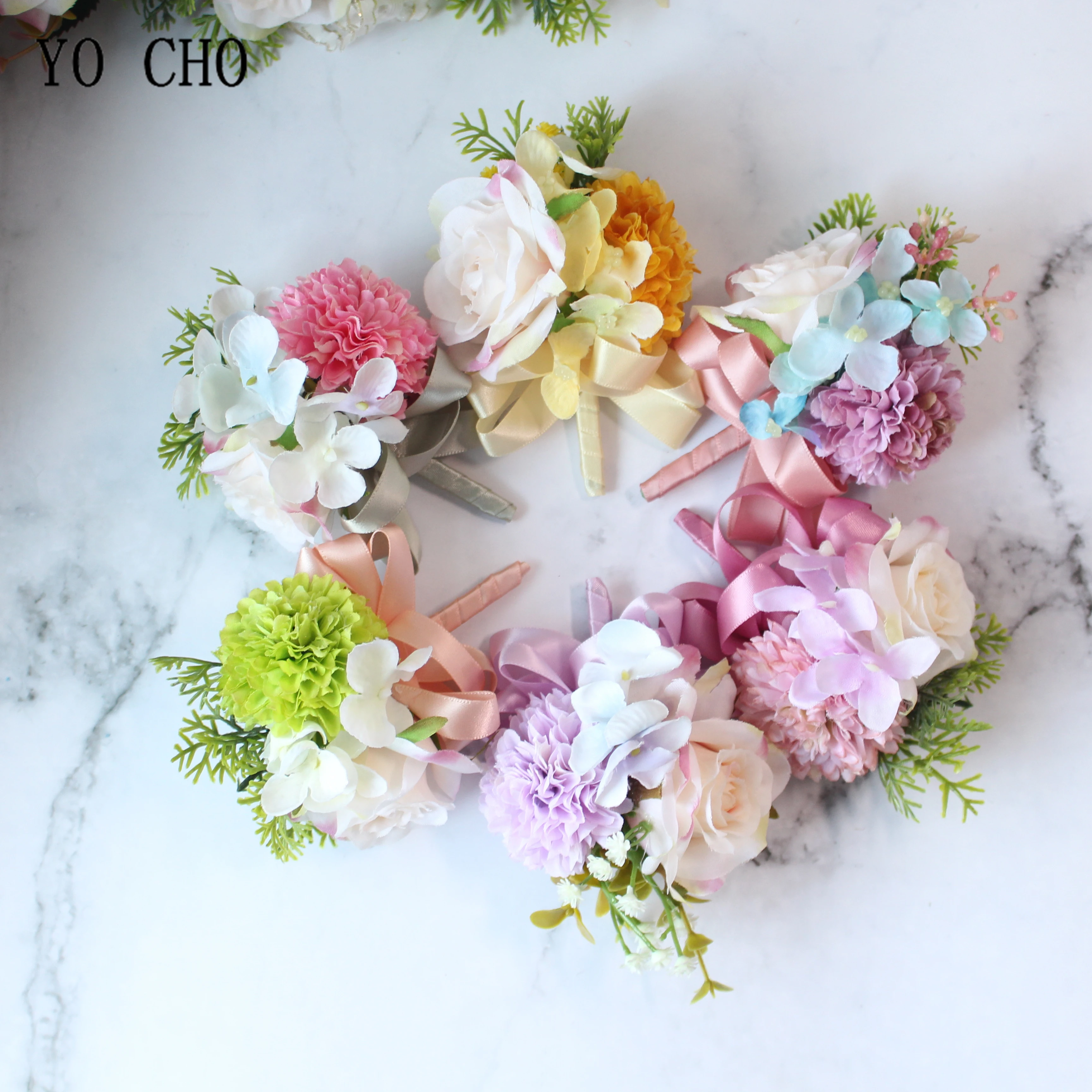 

YO CHO Wedding Flower Groom Boutonniere Brooch Bride Wrist Corsage Bracelet Silk Rose Man Suit Prom Party Decor Photography Prop